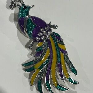 Vintage Peacock Brooch with Metallic Green, Purple and Yellow Accents
